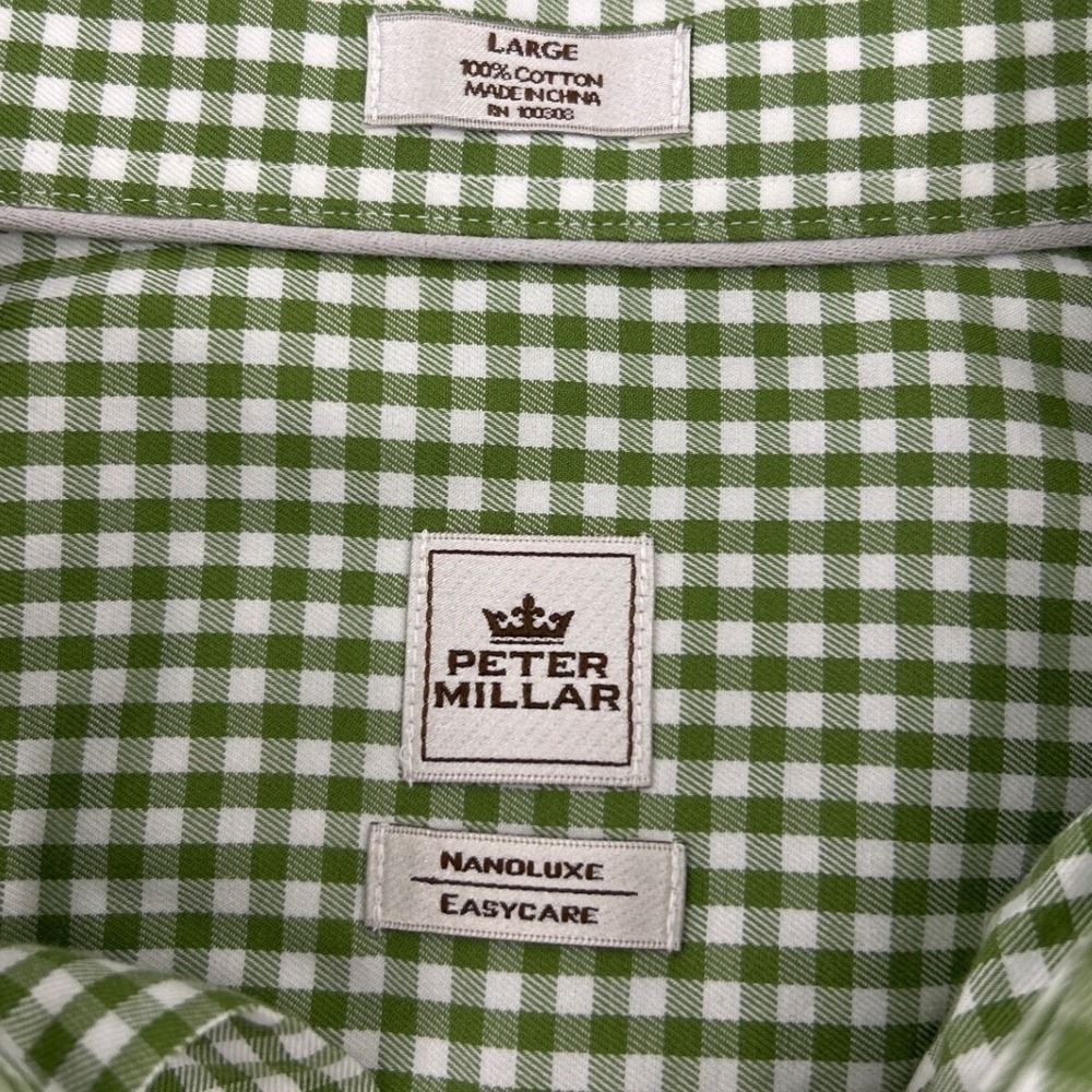 Peter Millar Mens Green Gingham Nanoluxe Easy Care Button Down Shirt Large L - Picture 6 of 6